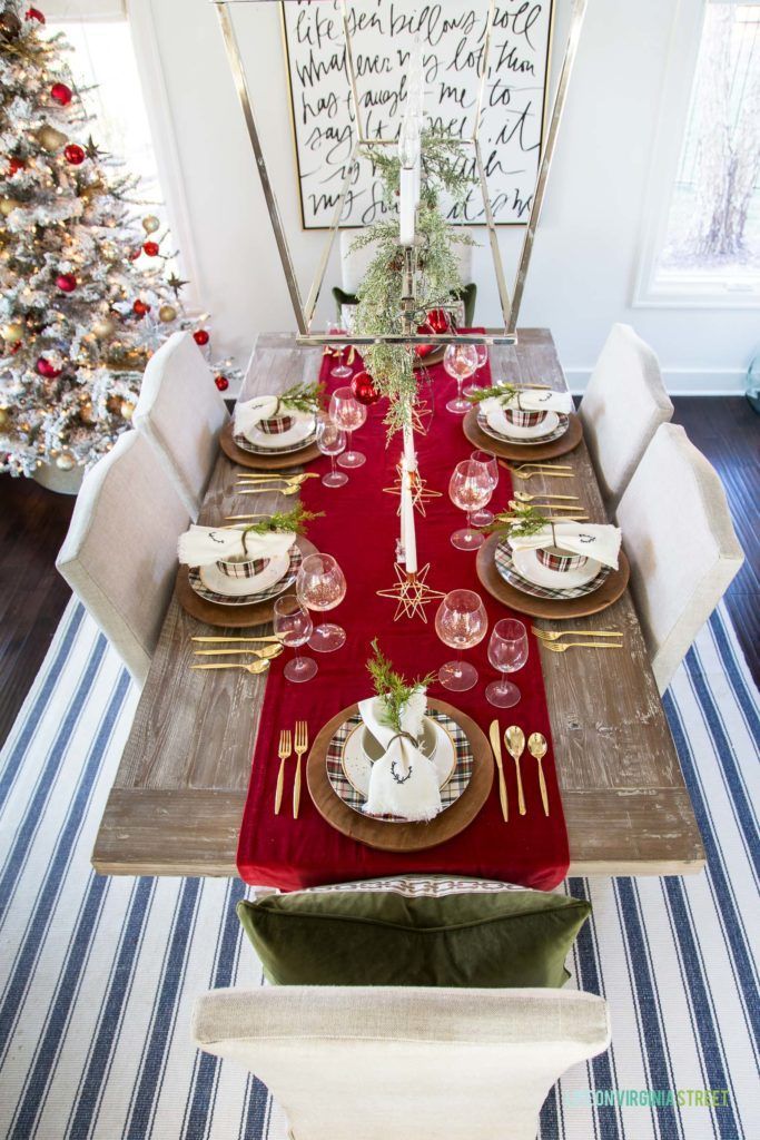 Bright red table runner Christmas Tablescape idea via lifeonvirginiastreet