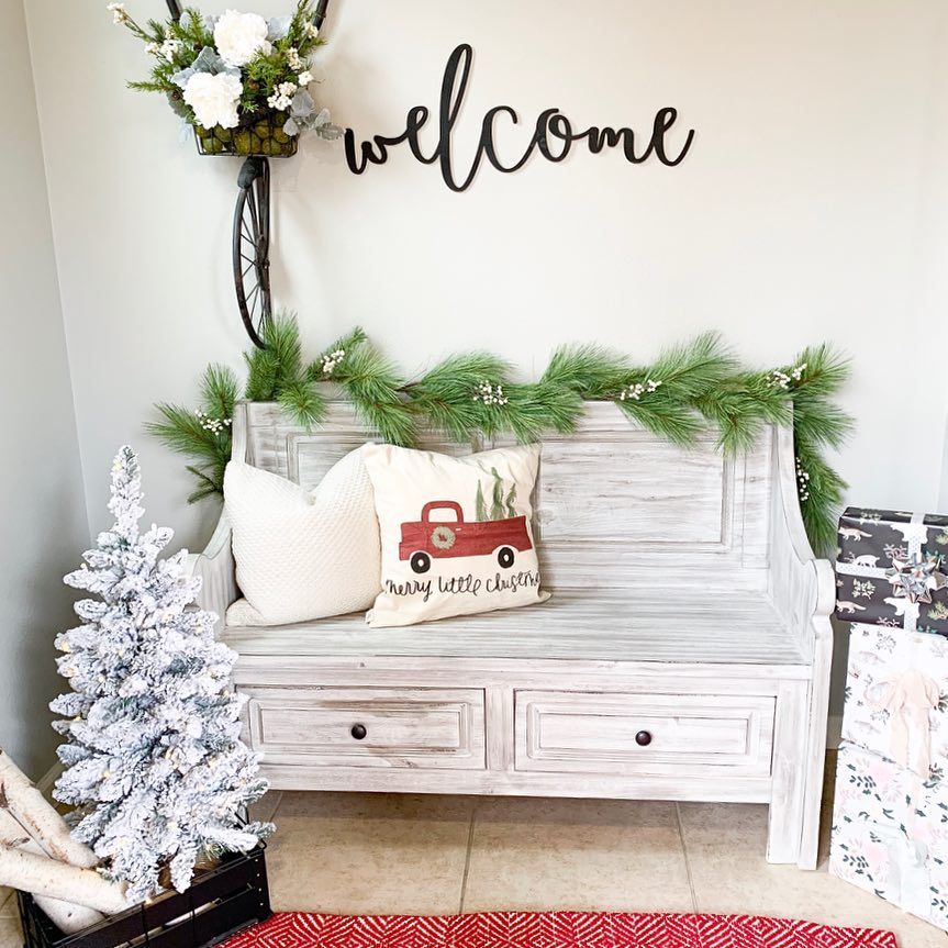 Christmas Entryway with Red Truck Pillow via @blossominginteriors #ChristmasDecor #ChristmasHome