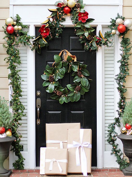 Christmas Garlands on Black Front Door