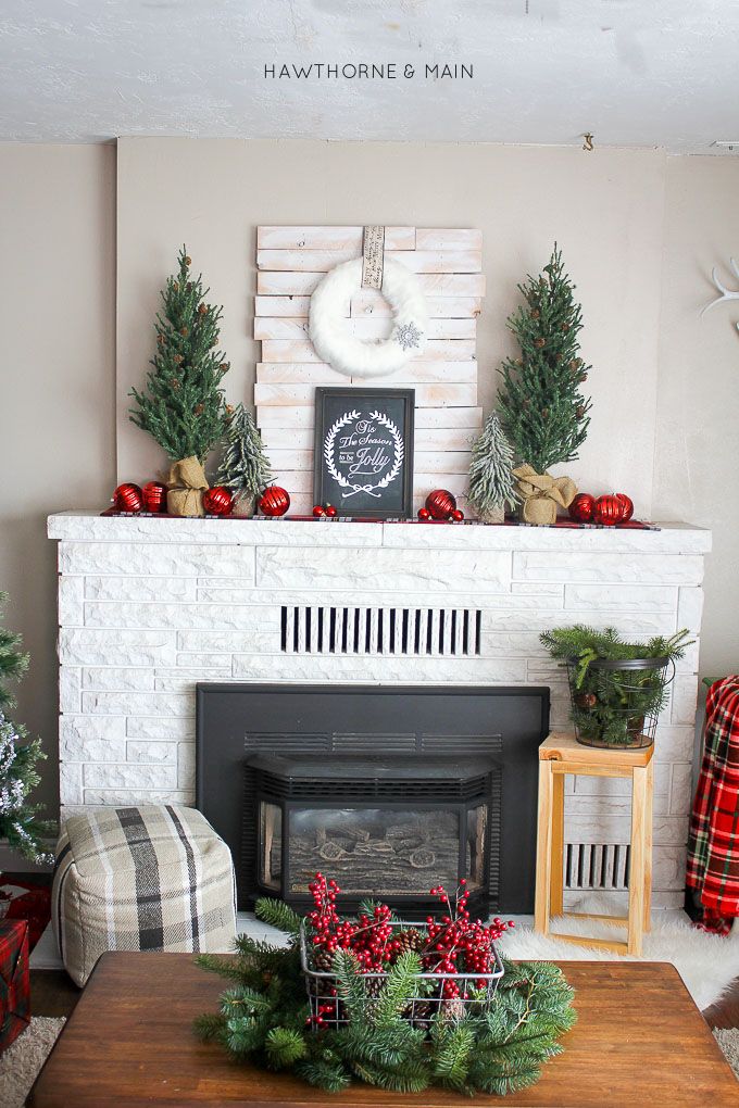 Christmas Mantel with Red Ornaments via hawthorneandmain