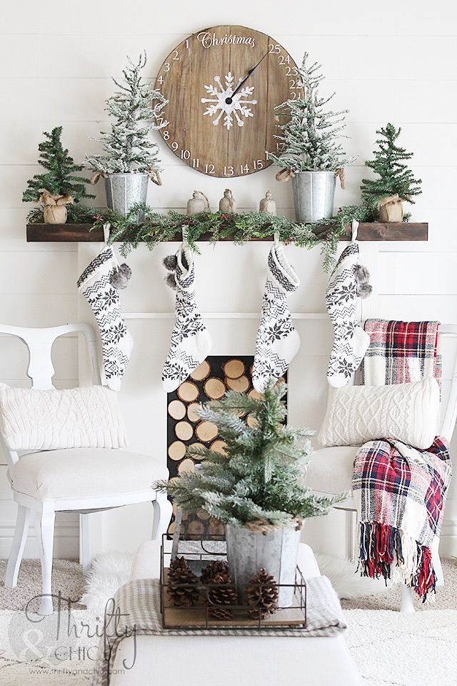 Christmas Mantel with Wood Clock via thriftyandchic