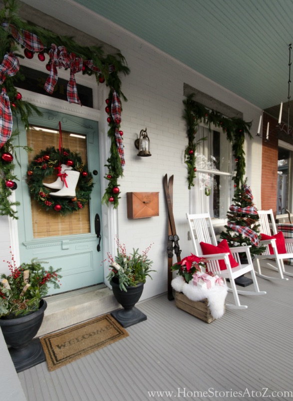 Christmas Porch Decor with Ice Skates via HomeStoriesAtoZ