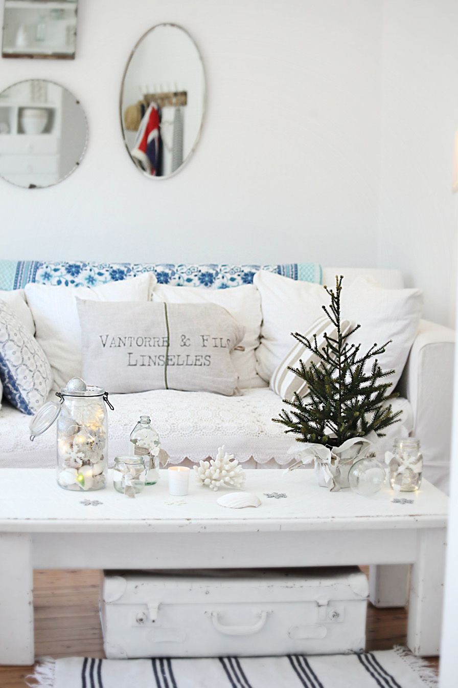 Coastal Christmas Living Room Decor via abeachcottage