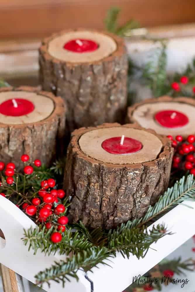 DIY Rustic Log Candle Holders for Christmas via martysmusings #Christmas #ChristmasDecor #ChristmasDIY #DIYDecor