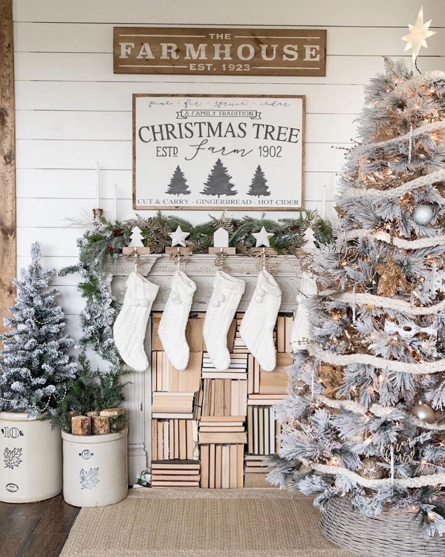 Farmhouse Christmas Mantel with Books via @threesonsfarmhouse