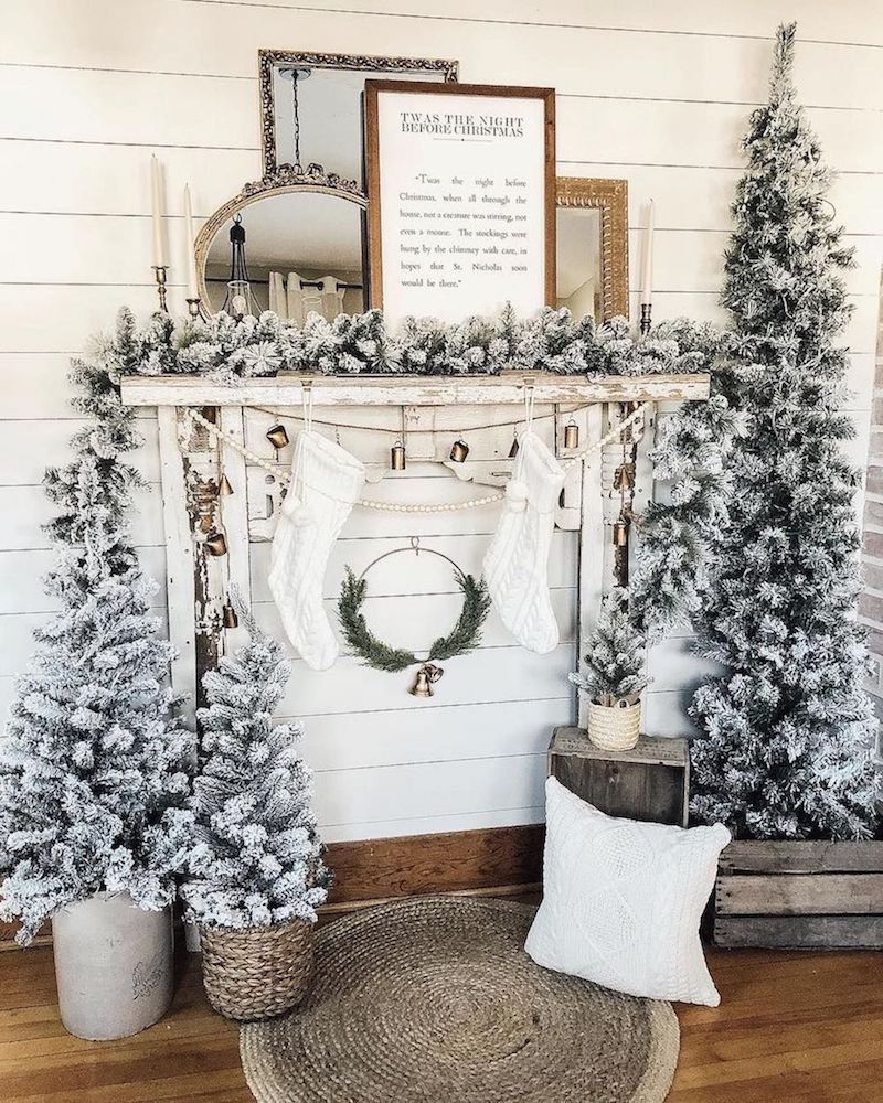 Flocked Christmas Trees and Vintage Mirrors via @decor.dogs.and.donuts