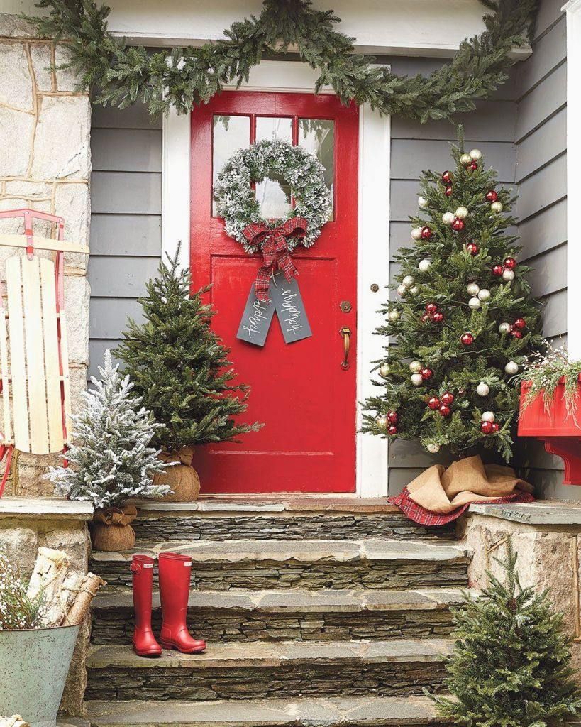 Front Door Decor Christmas Trees and Wreaths