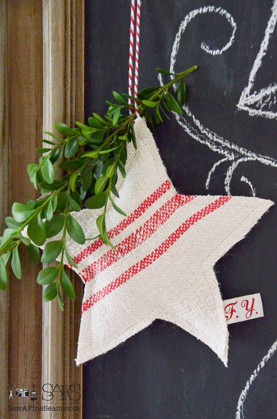 Grain Sack Star Christmas Ornaments via sewafineseam