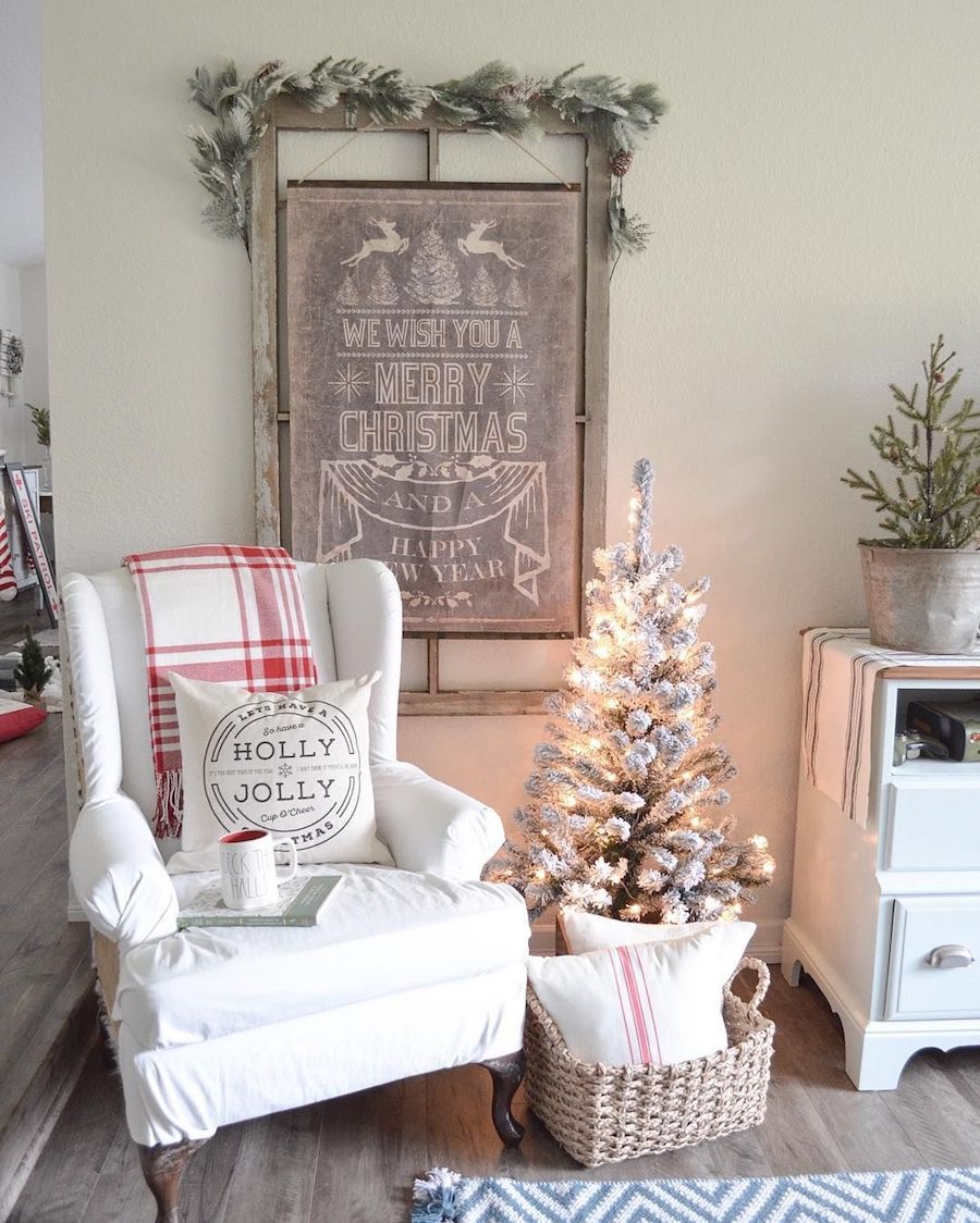 Holly Jolly Pillow and Red Plaid Blanket for Christmas via @farmfreshhomestead