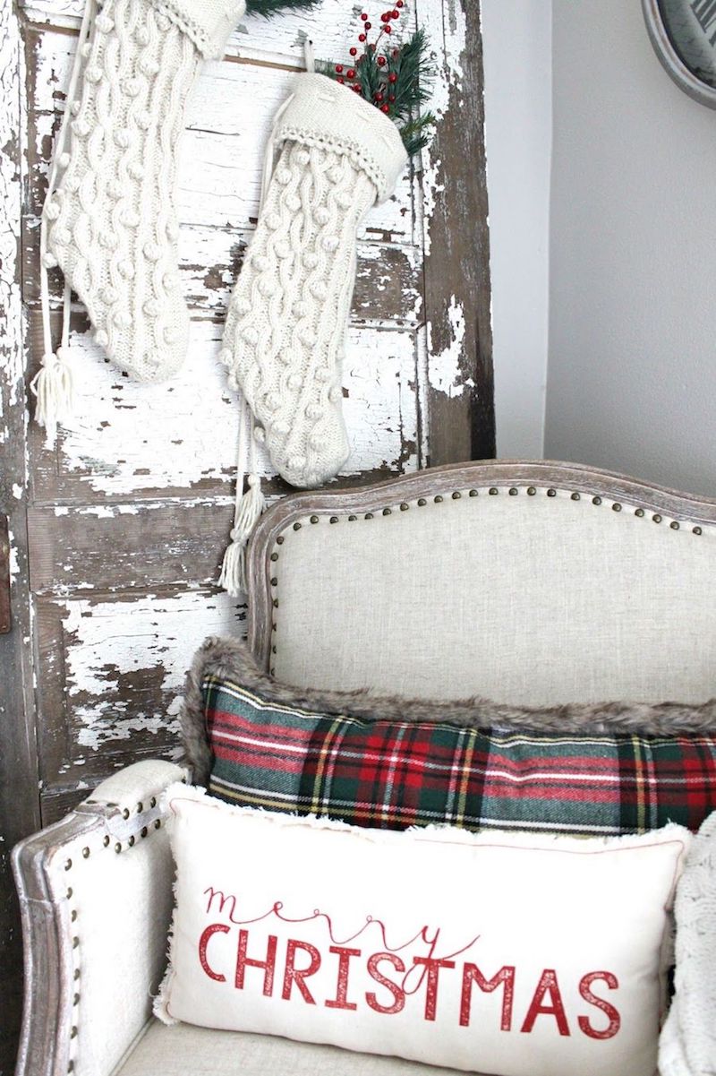 Louis Arm Chair and Rustic Barn Door Farmhouse Christmas Decor via nestingblissfullyinteriors