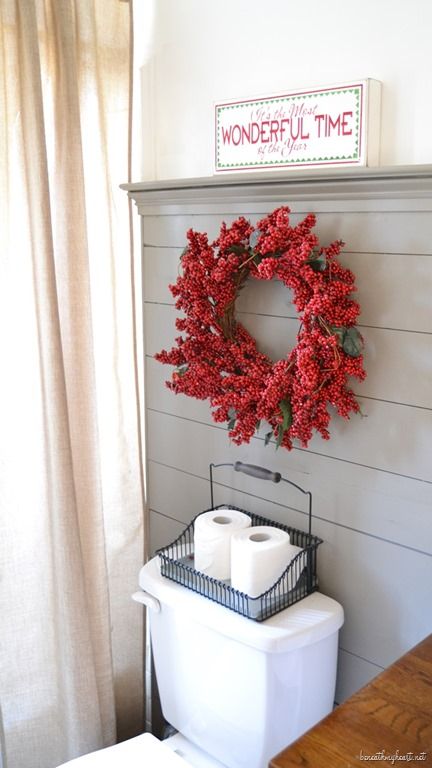 Red Christmas Wreath Bathroom Decor via beneathmyheart