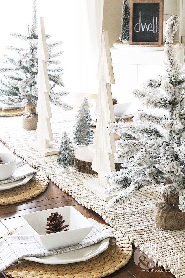 White Wood and Flocked Christmas Tree Christmas Tablescape via thriftyandchic