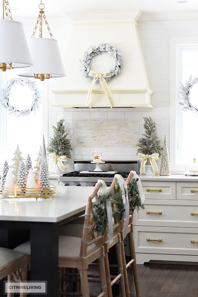 White and Gold Christmas Kitchen Decor via citrineliving