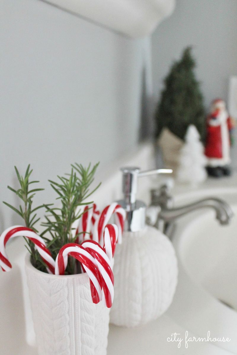 Candy Cane Bathroom Decor via cityfarmhouse #ChristmasDecor #ChristmasBathroom