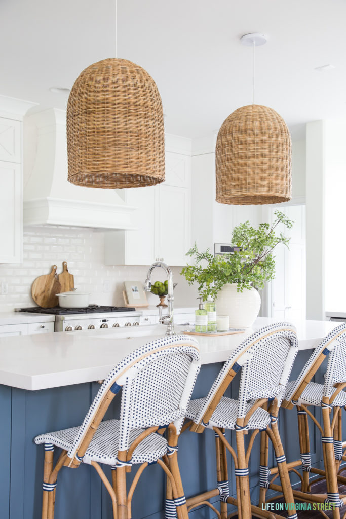 Basket Pendants in Coastal kitchen via Life on Virginia Street