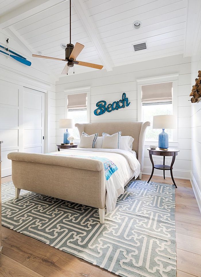 Beach Bedroom with Shiplap Walls via Carrie Brigham Design