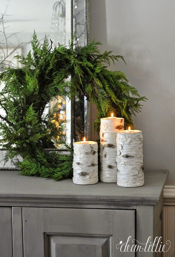 Birchwood candles and evergreen wreaths via dearlillieblog