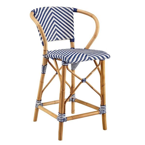 Blue and White French Rattan Dallin Bar Stool