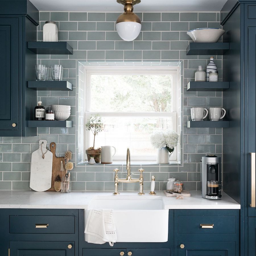 Blue subway tile in blue coastal kitchen