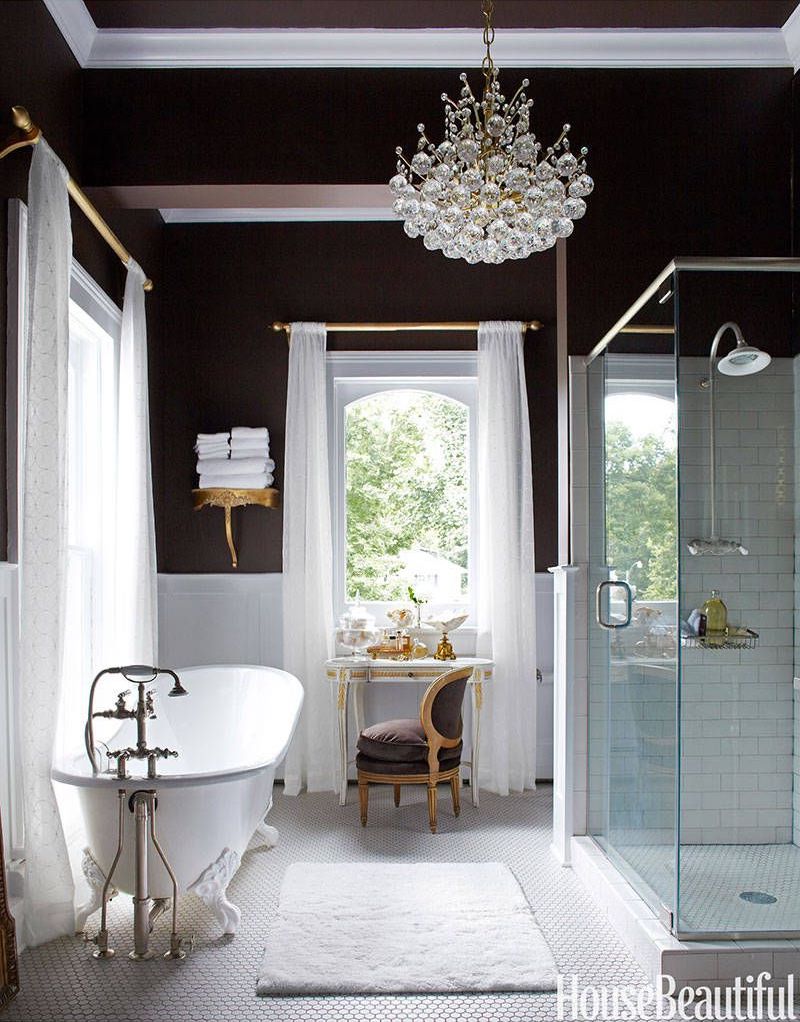 Crystall Ball Chandelier in Bathroom designed by Annie Brahler via HouseBeautiful