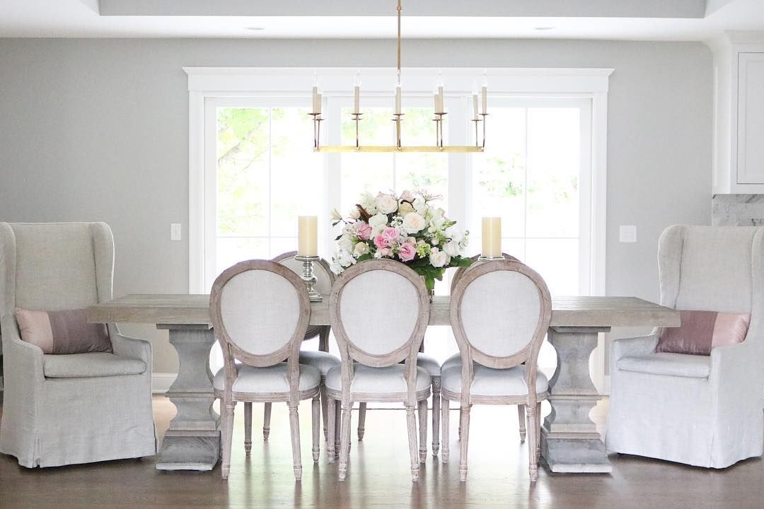 Feminine French Country Dining Room with Roundback chairs