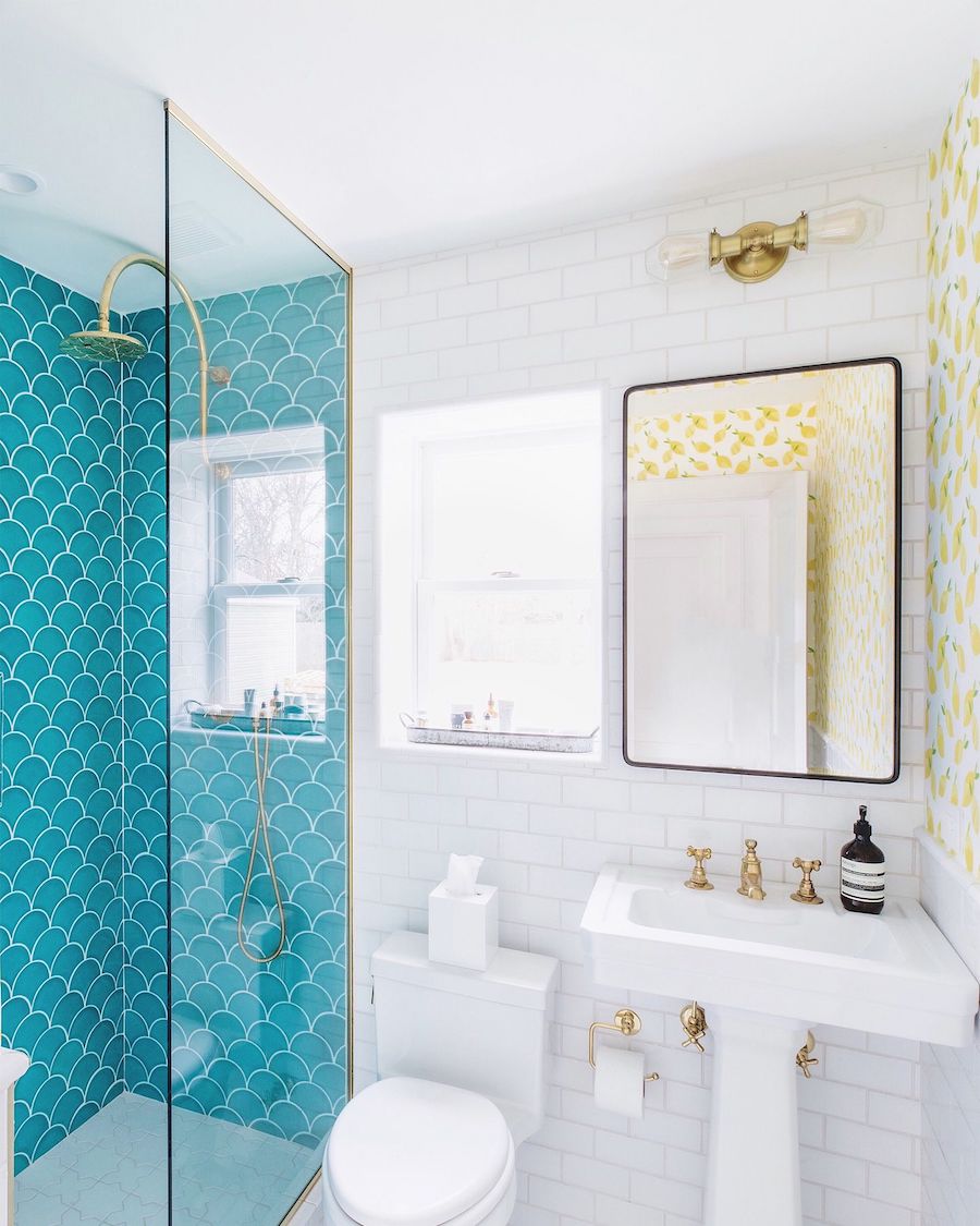 Fish scale tile turquoise bathroom beach home