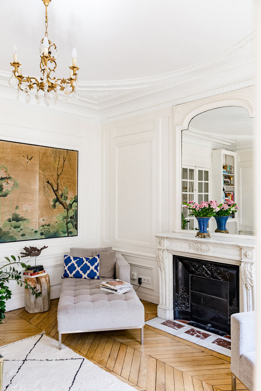 French Crystal Chandelier inside a Parisian Living Room via Rue Rodier