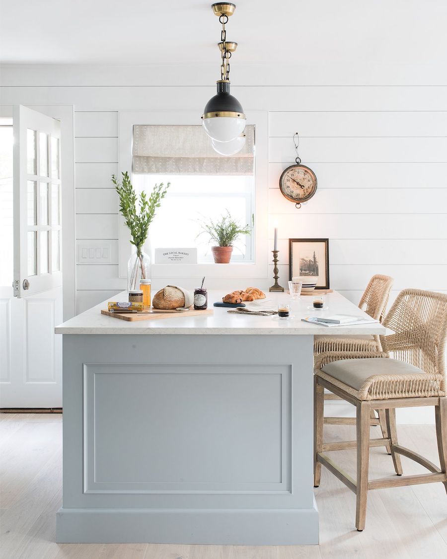 Light blue kitchen island decor in a NY beach home