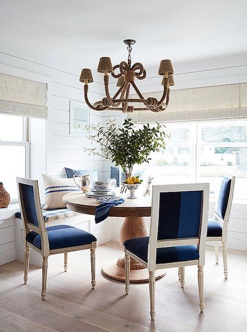 Nautical Dining Room with Rope Chandelier and Navy Louis Chairs