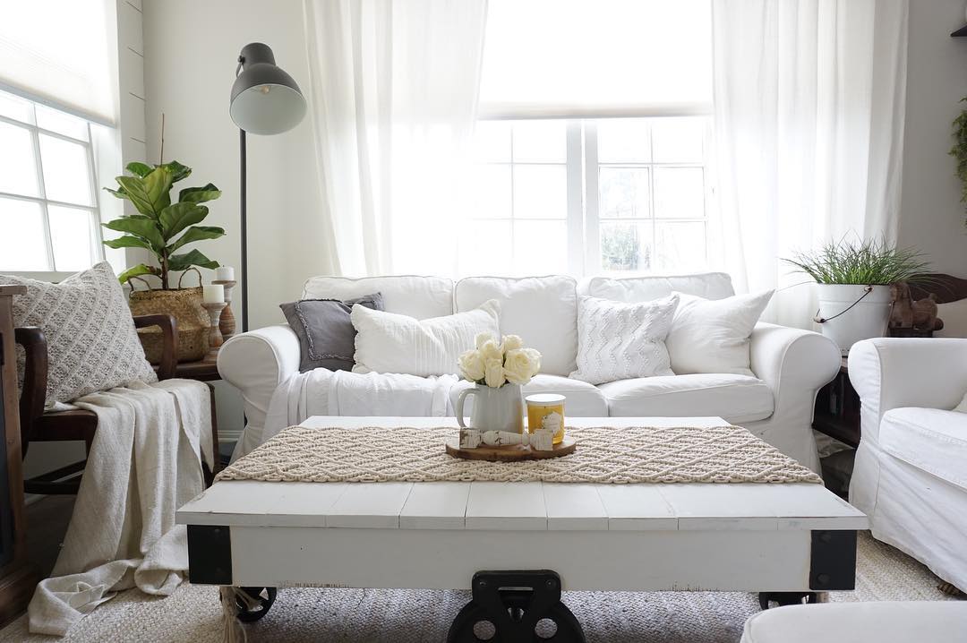 Plush white farmhouse sofa in living room