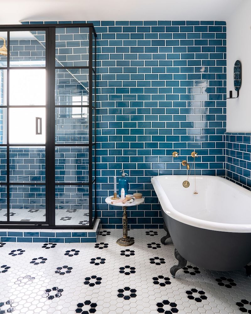 Sea blue subway tile in Nautical bathroom style