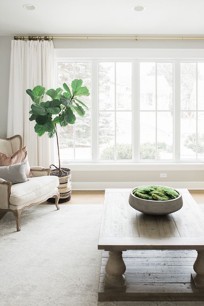 Wood Farmhouse Coffee Table in the Living Room with Bergere Wingback Chair