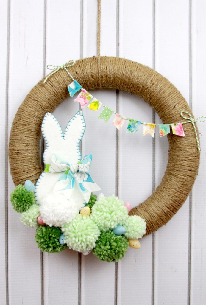 Easter Pom Pom Wreath DIY Bunny Decor via Lil Luna