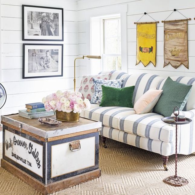 Shiplap walls with striped country sofa via @countryliving