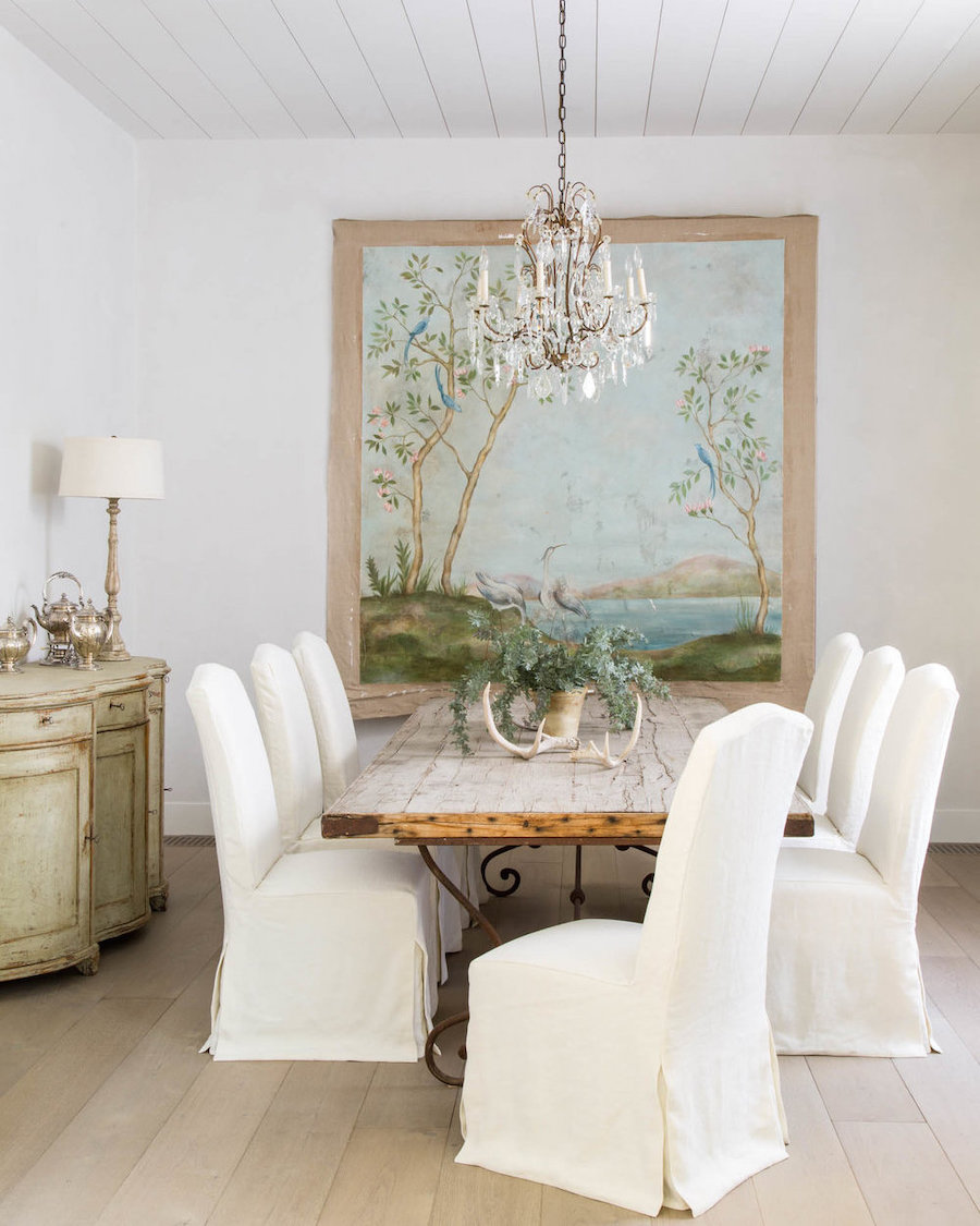 Slipcover dining chairs in Country Dining Room via Giannetti Home