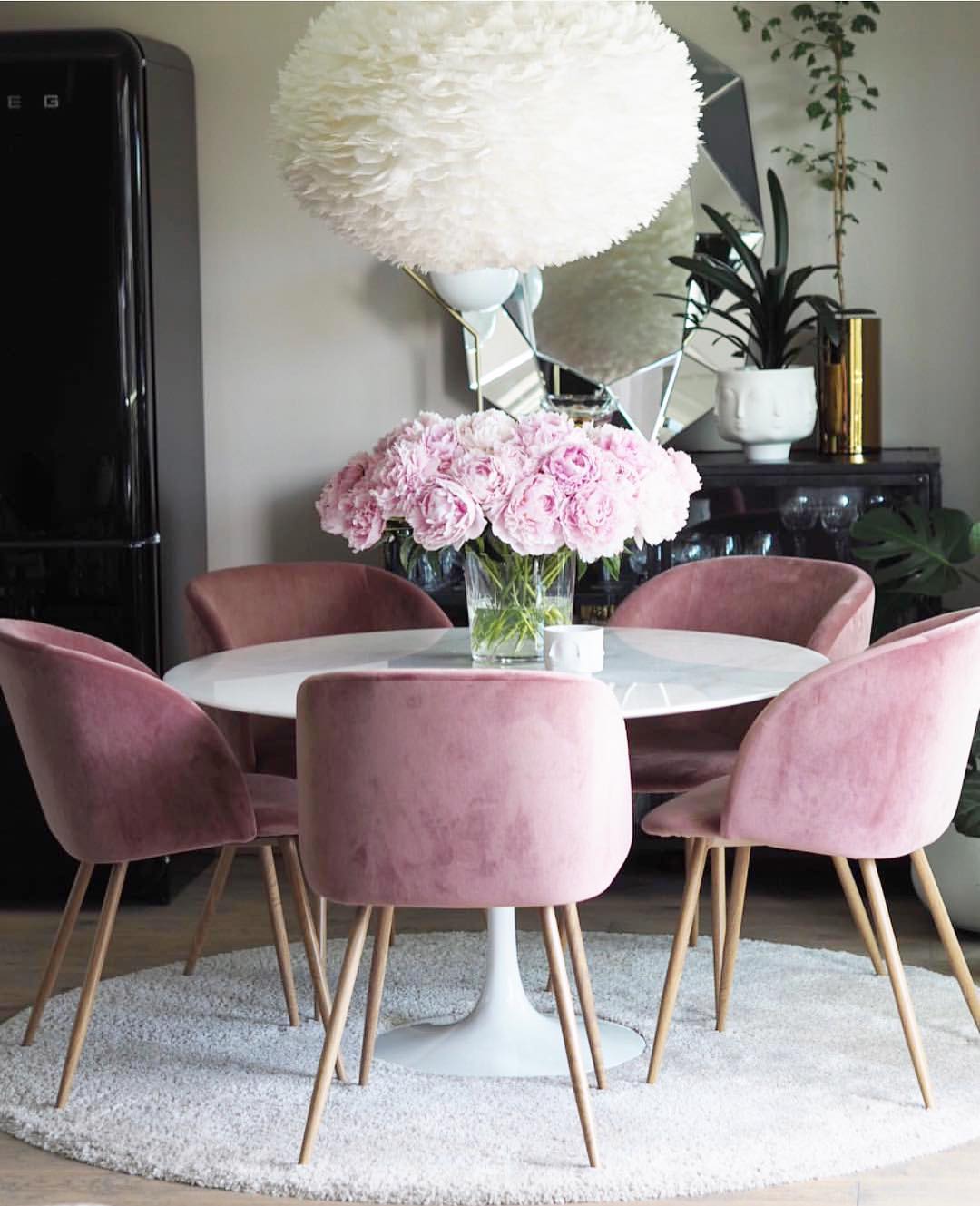 pink velvet dining chairs and table