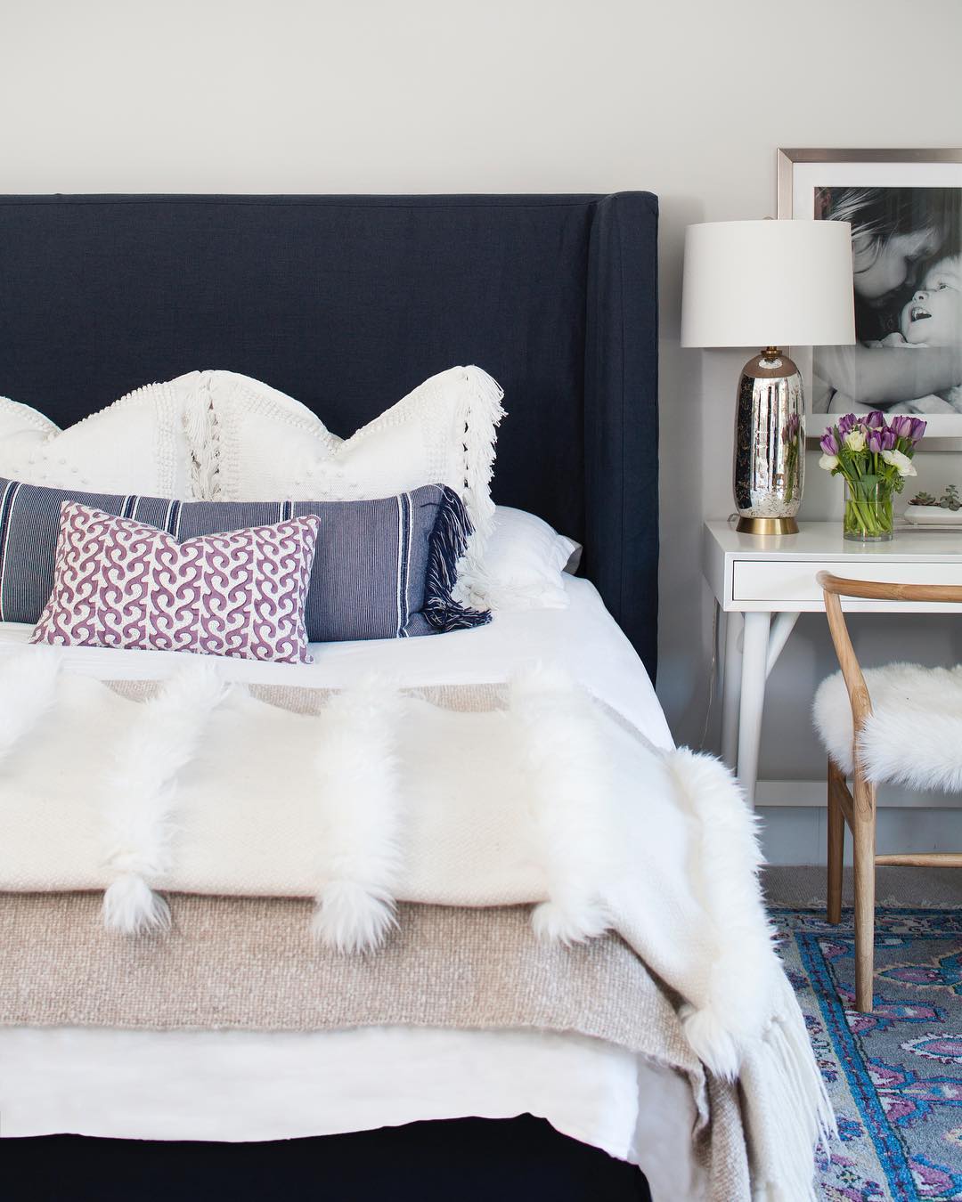 Navy blue headboard, Bedroom Decor via @rachelmaddeninteriors