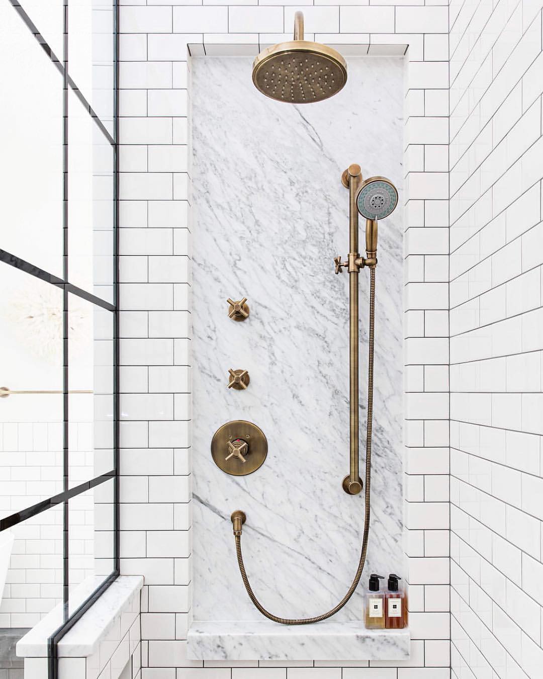 Black and brass bathroom design with Solid Brass shower & hand