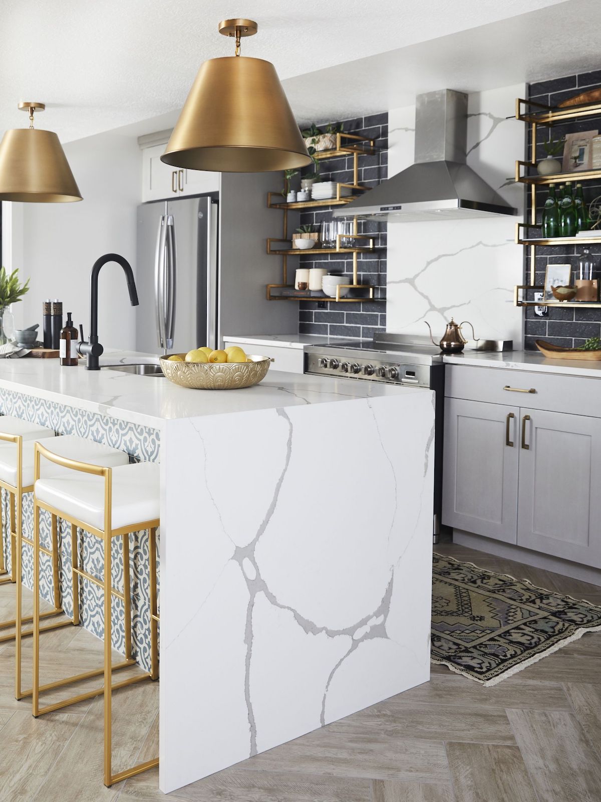 white and brass cone pendant light