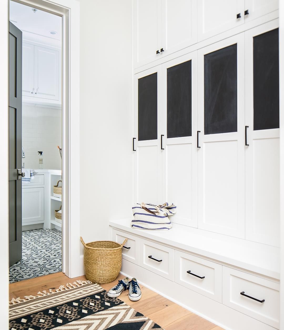 Entryway Mudroom with chalkboard and lockers - @tiffanygharris