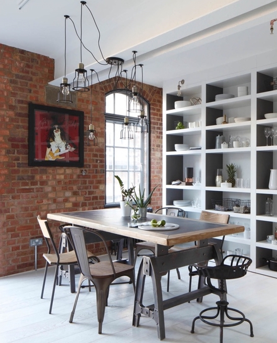 Industrial dining chairs in dining room