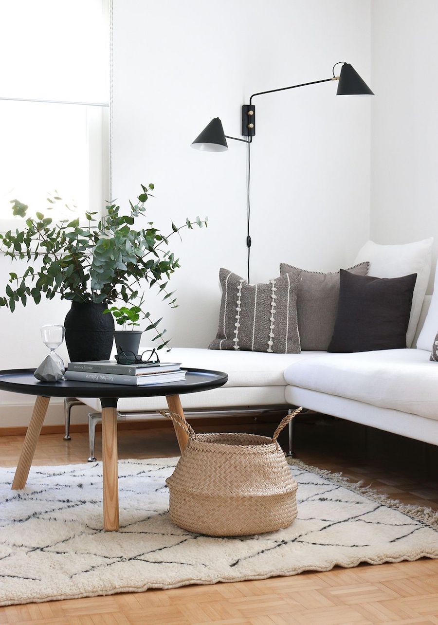 Scandinavian Living room with white sofa and black coffee table