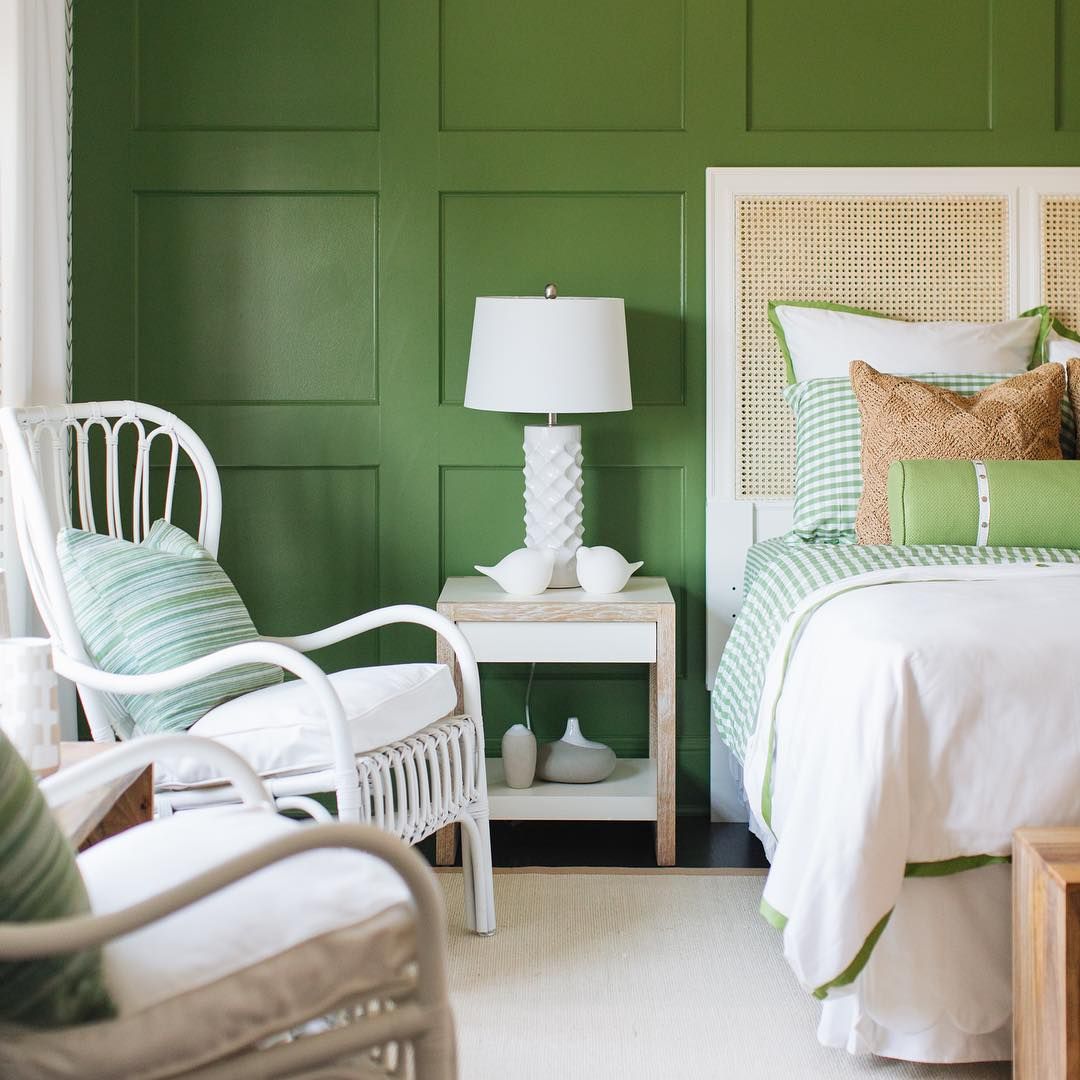 Coastal Bedroom with green walls via @timbertrailshomes