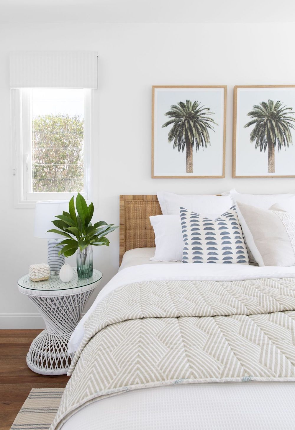 27 Dreamy Coastal Bedroom Decor Ideas   Coastal Bedroom With Palm Tree Art Via @donna Guyler Design 