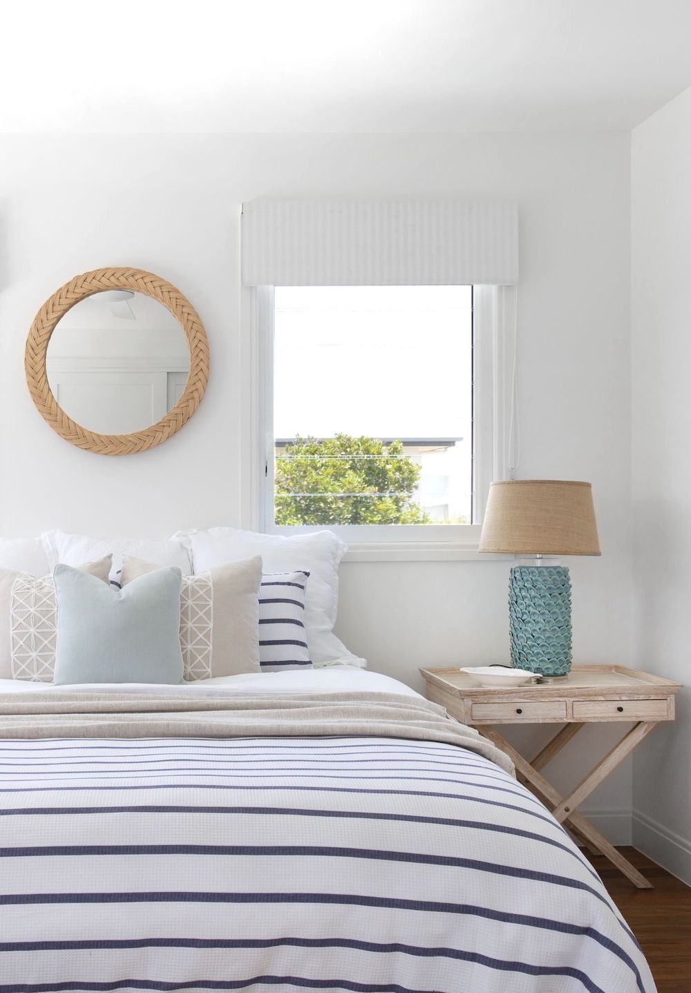 Coastal Bedroom With Striped Bedspread @donna Guyler Design 