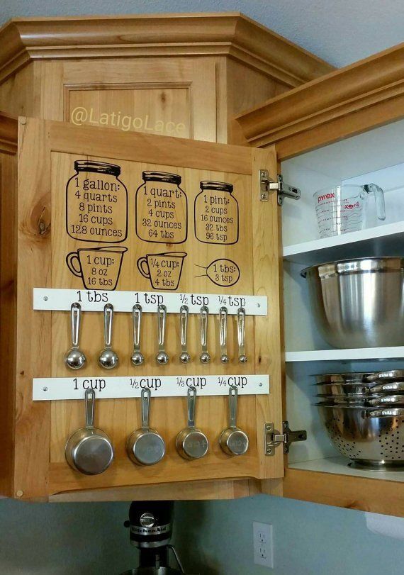 Add baking measurements hint and hang measuring cups and spoons on the inside of your cupboard via @latigolace