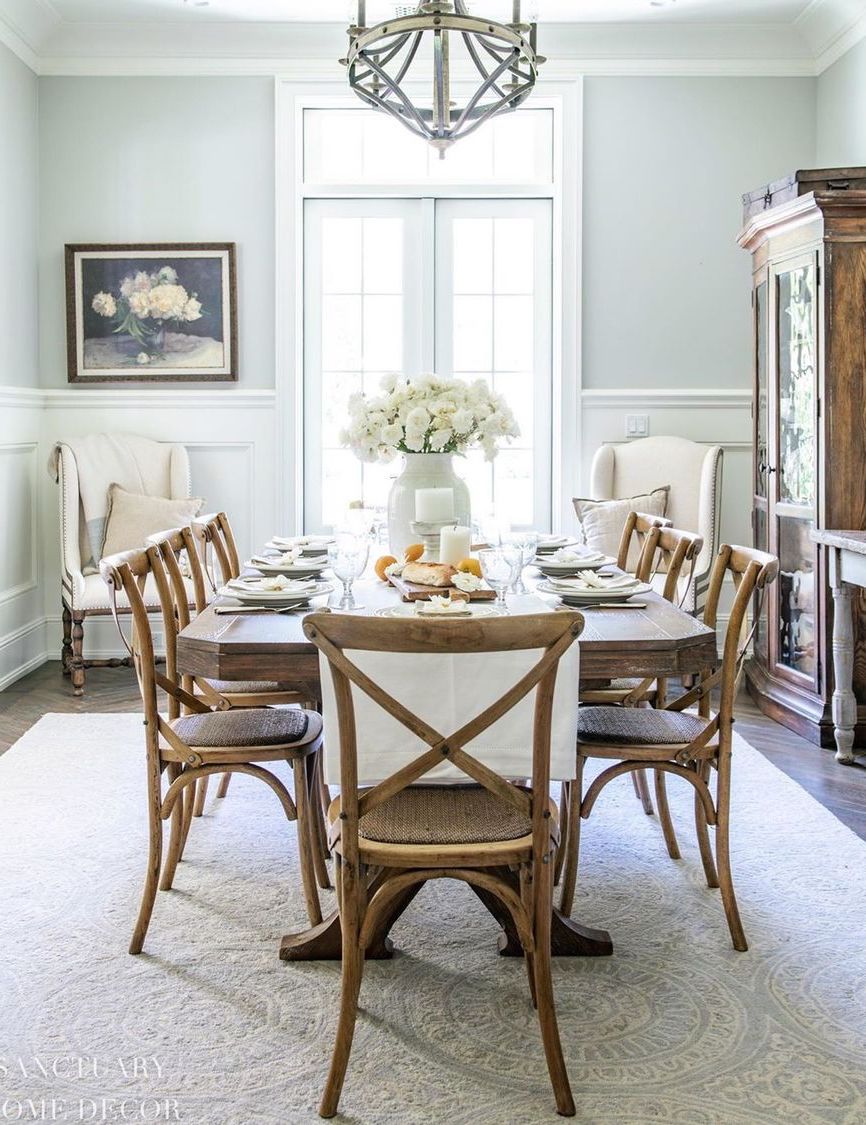Crossback dining chairs in French Country Dining Room via @sanctuaryhomedecor