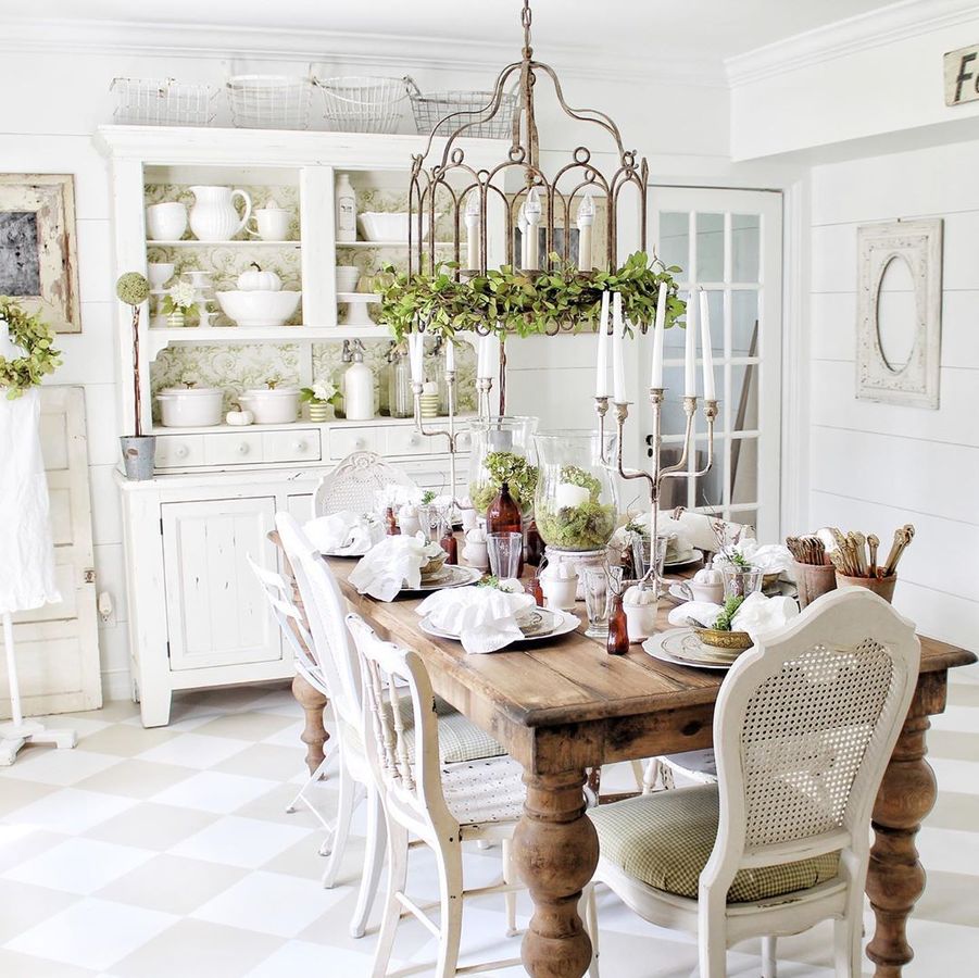Green Wallpaper Backed Hutch French Country Dining Room via @simplyfrenchmarket