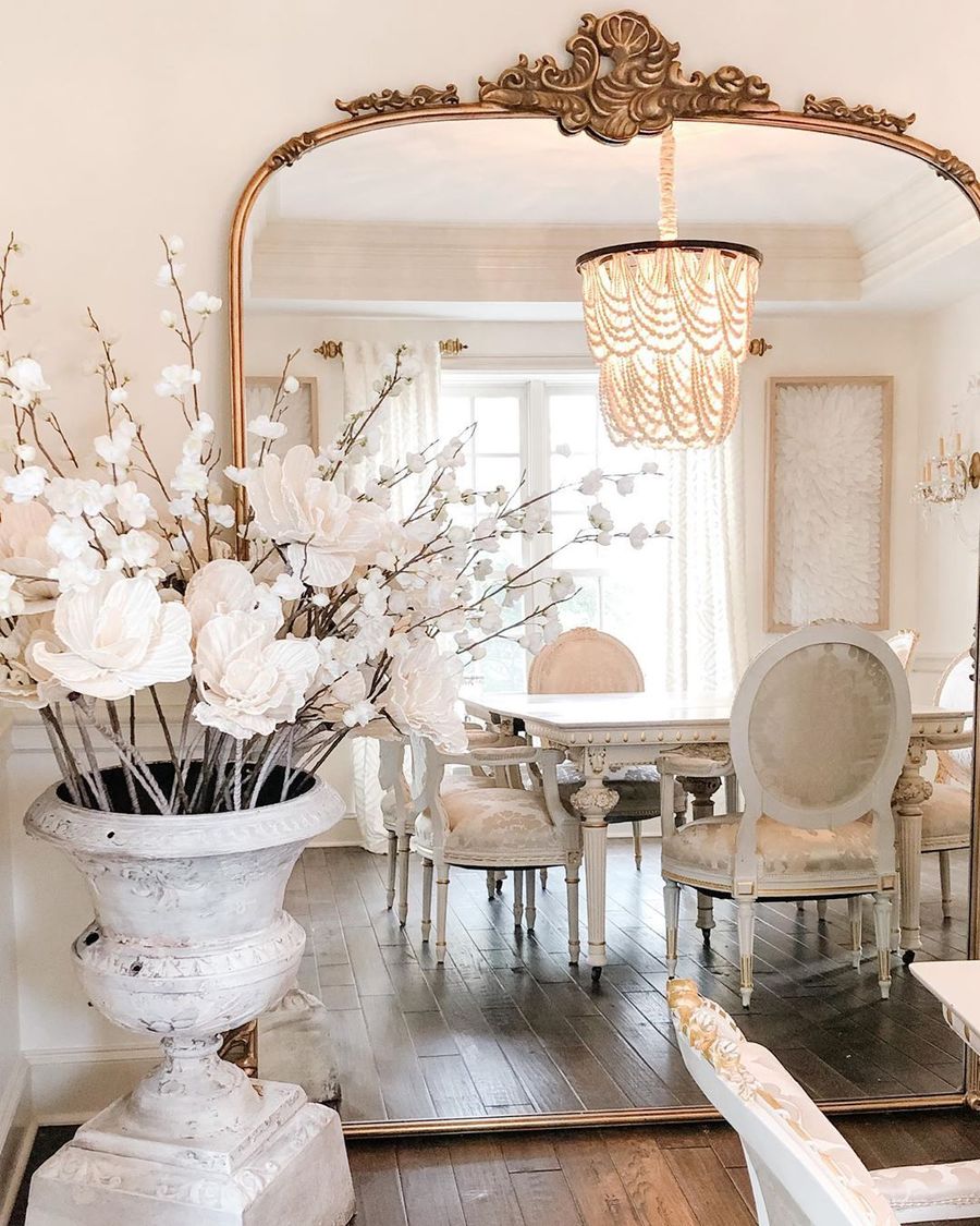 Large Gold Leaning Mirror in French Country Dining Room via @ivorylanehome