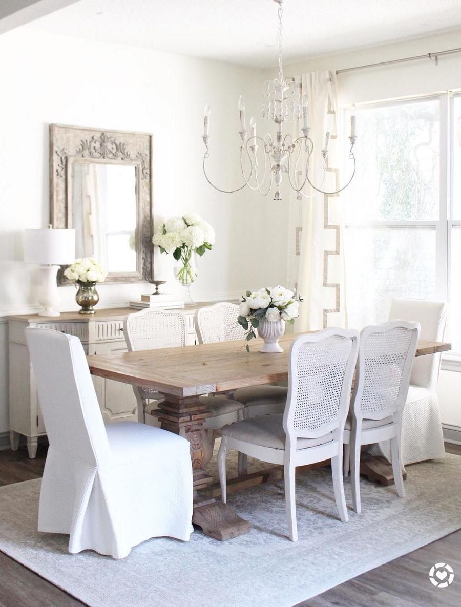 Neutral Gray Decor in French Country Dining Room with @tuftandtrim